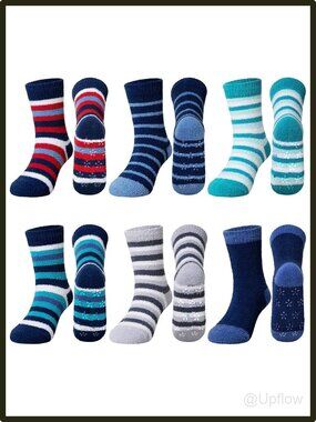 Kids Fuzzy Slipper Socks Non Slip Plush Thermal Crew Grip 6 Pairs Winter Warm